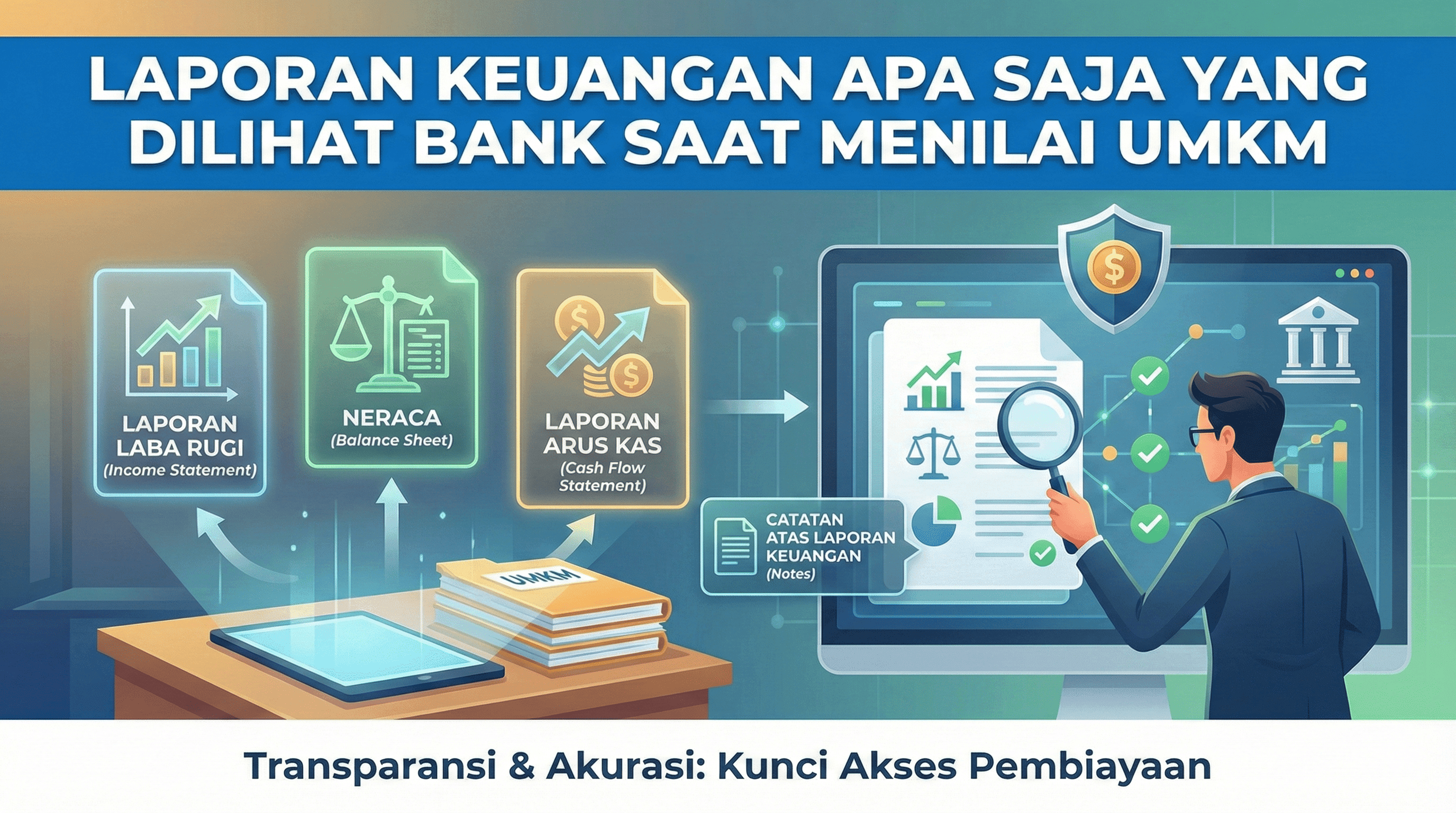 Ilustrasi analis bank menilai laporan keuangan UMKM untuk persetujuan kredit usaha