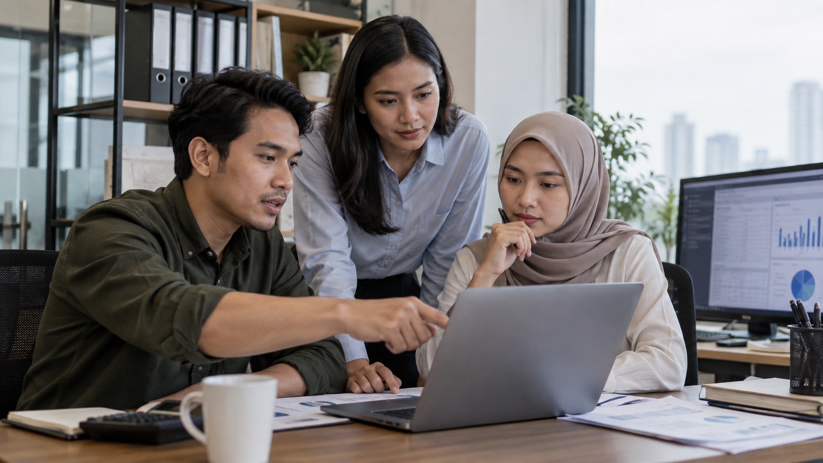 Ilustrasi fotorealistik buatan AI untuk software akuntansi yang sering digunakan di perusahaan dalam kegiatan usaha Indonesia.